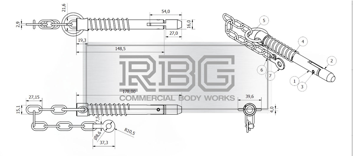 Sword Pin and Chain Spring Loaded, Retaining Cotter Pin 9.5mm; 12.5mm; 16mm.