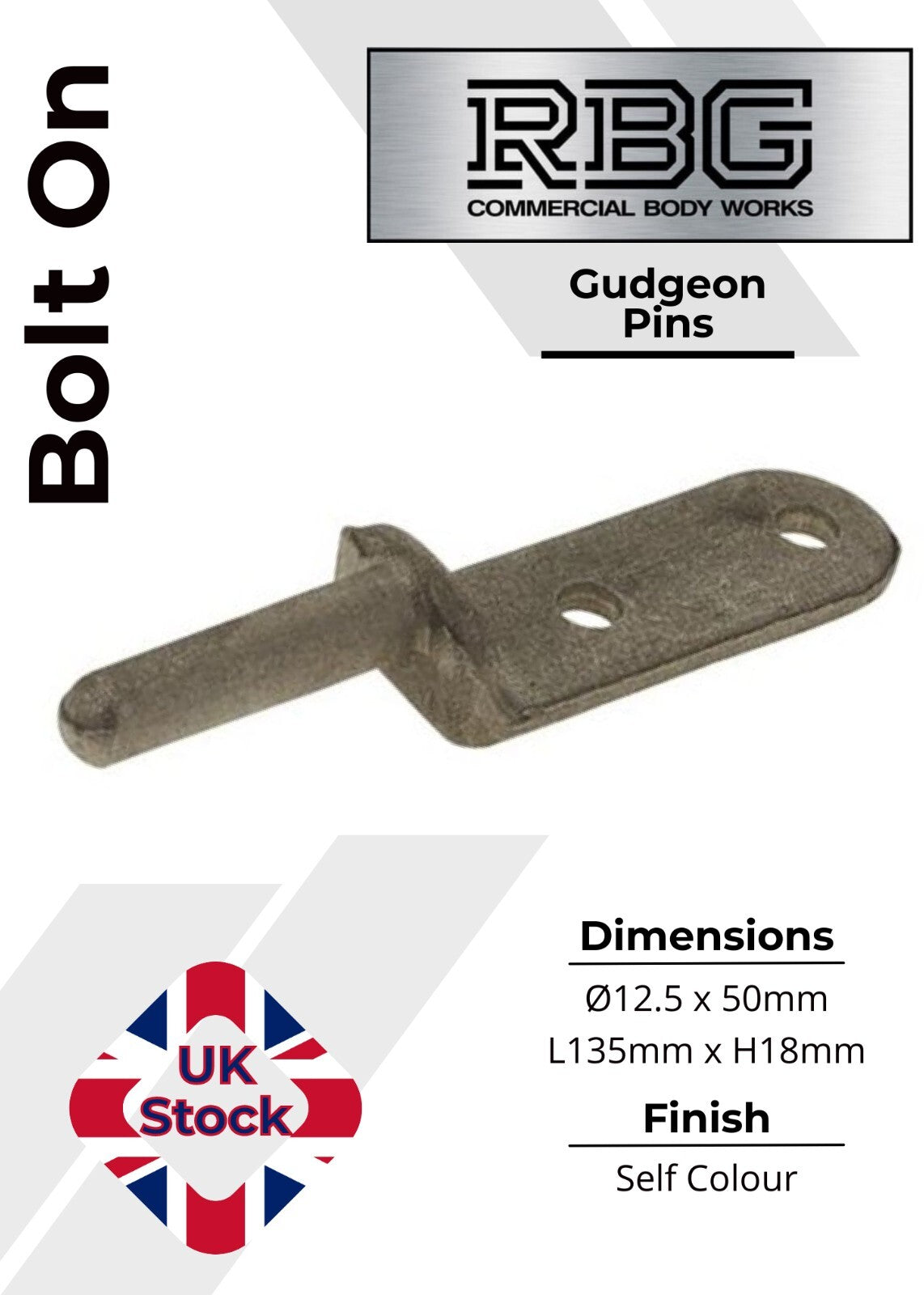 2x Bolt-On Gudgeon Hinge Pins, Self Colour. For Tailboards, Tipper Dropsides.