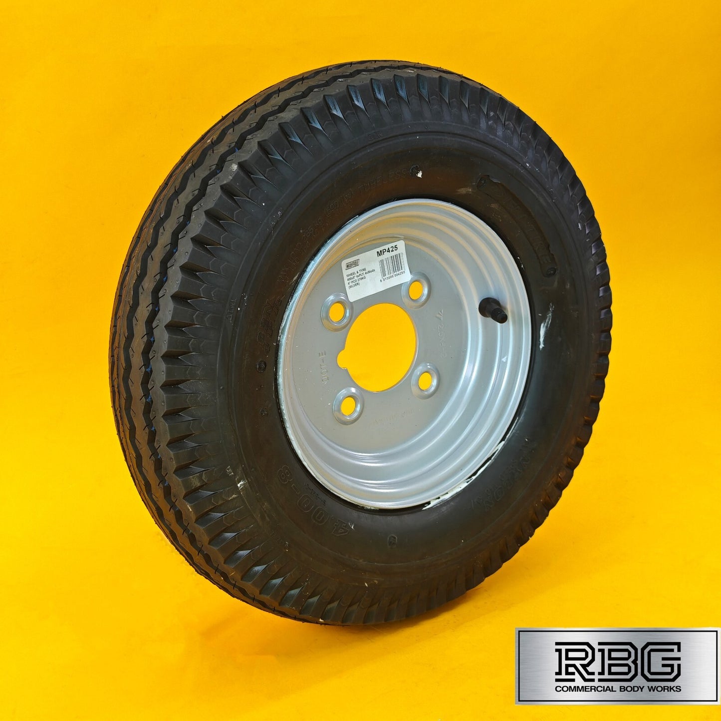 Wheel & Tyre 400x8 Inch for Trailers 4 Ply 4 Studs 4″ PCD Silver Diameter 8″ UK