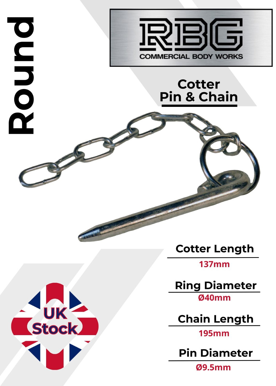 Round Cotter Pin & Chain 137 x 9.5mm Trailers Tail Gate Horseboxes Tipper...