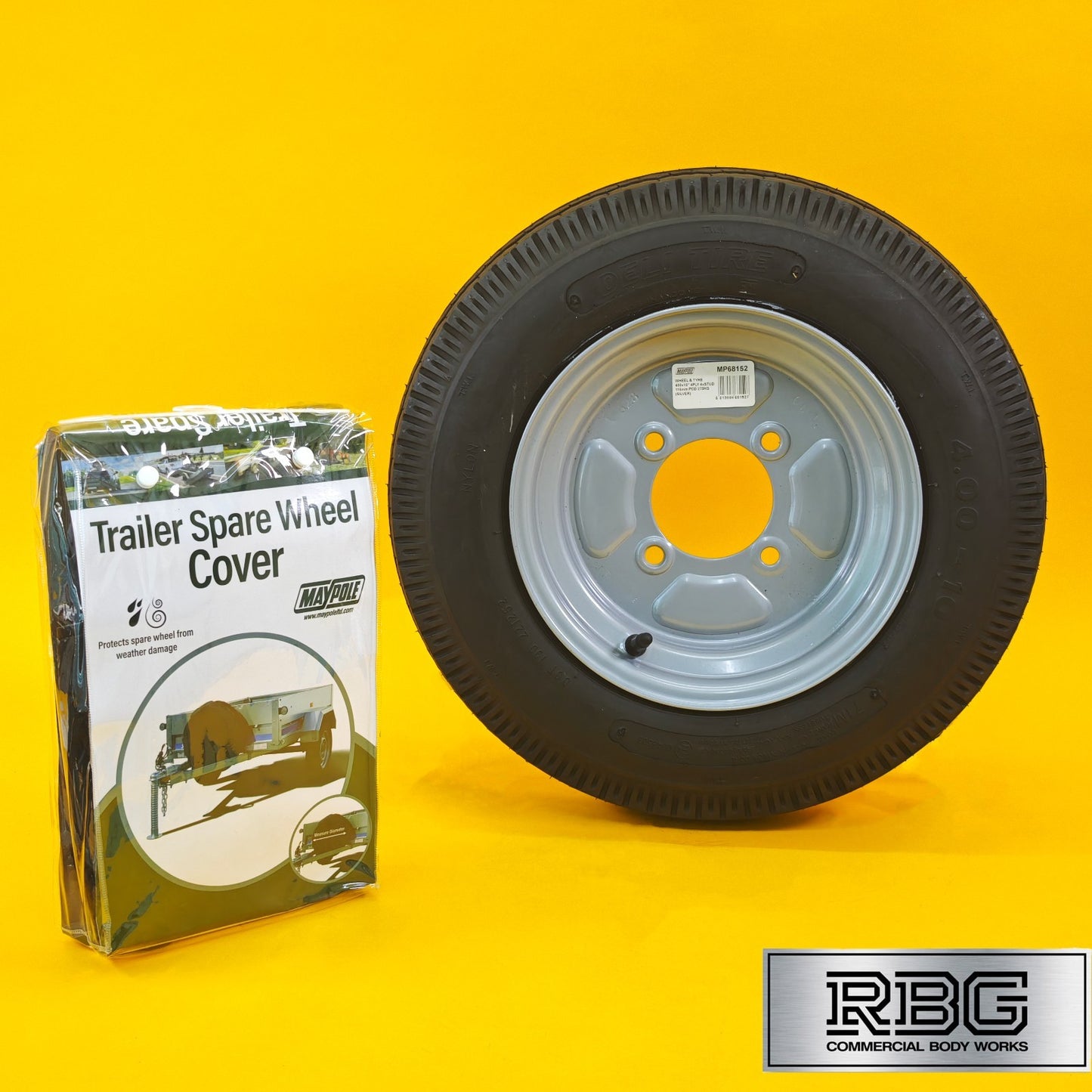 Spare Wheel & Tyre + Cover 400x10 for MP6815 Trailer 115mm PCD 10″ Diameter UK
