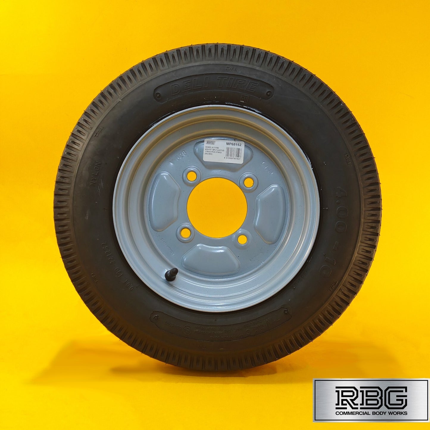 Spare Wheel & Tyre 400x10 for MP6815 Trailer 115mm PCD Silver 10″ Diameter UK