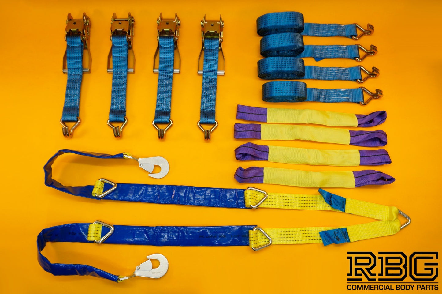 Winching Assistance Strap 1.5m x 50mm + 4x Recovery Ratchet Strap 4m x 50mm 5Ton