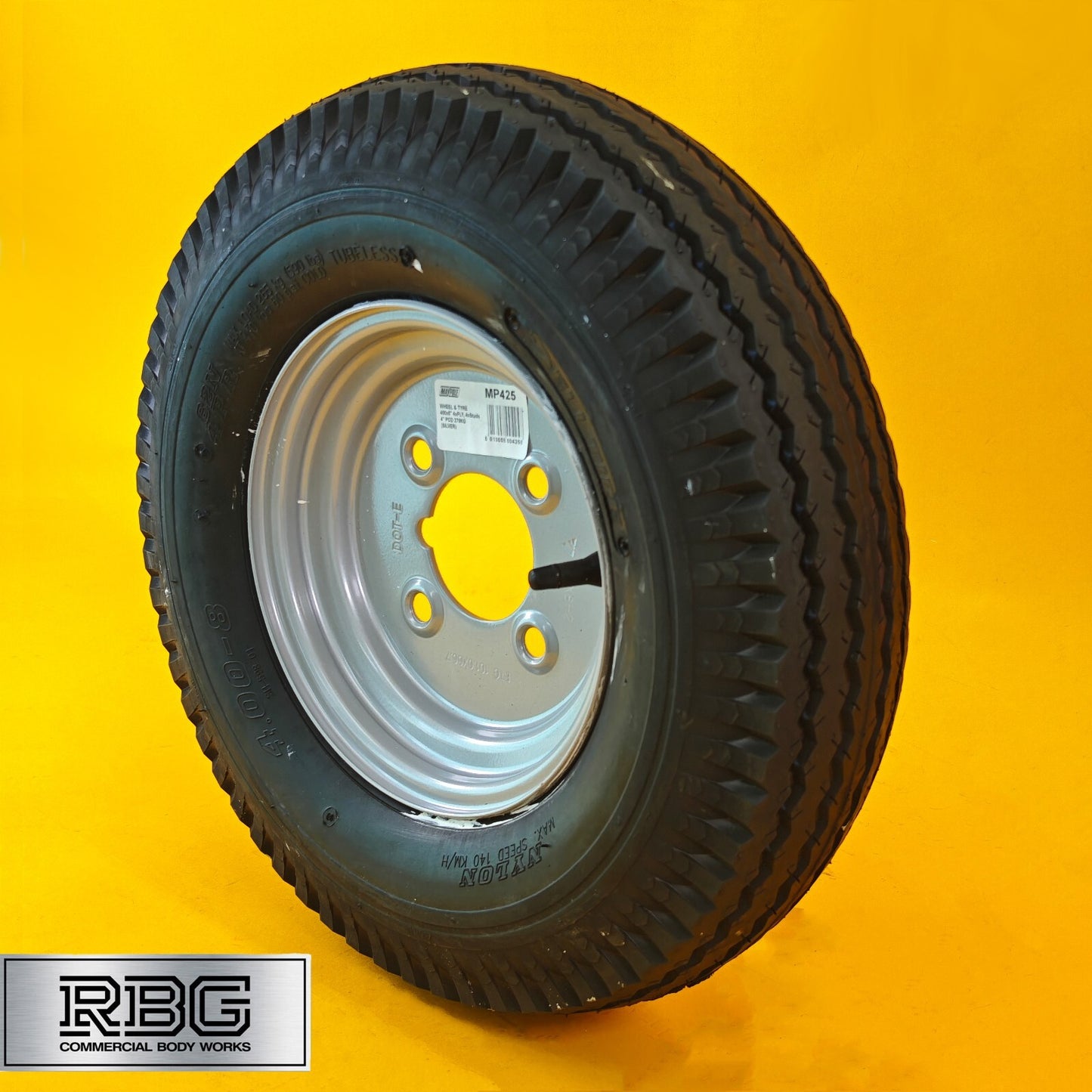 Wheel & Tyre 400x8 Inch for Trailers 4 Ply 4 Studs 4″ PCD Silver Diameter 8″ UK