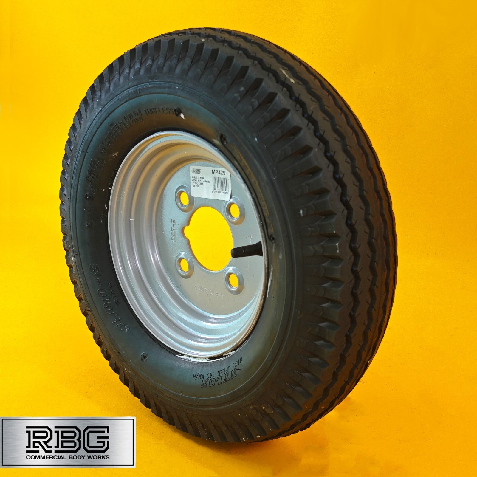 Wheel & Tyre 400x8 Inch for Trailers 4 Ply 4 Studs 4″ PCD Silver Diameter 8″ UK