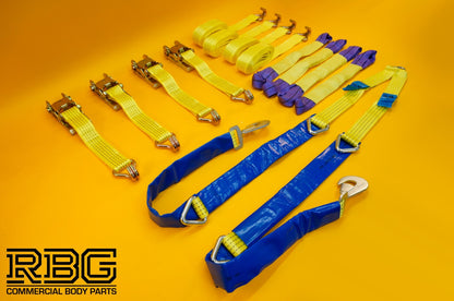 Winching Assistance Strap 1.5m x 50mm + 4x Tie Down Ratchet Strap 4m x 50mm 5Ton