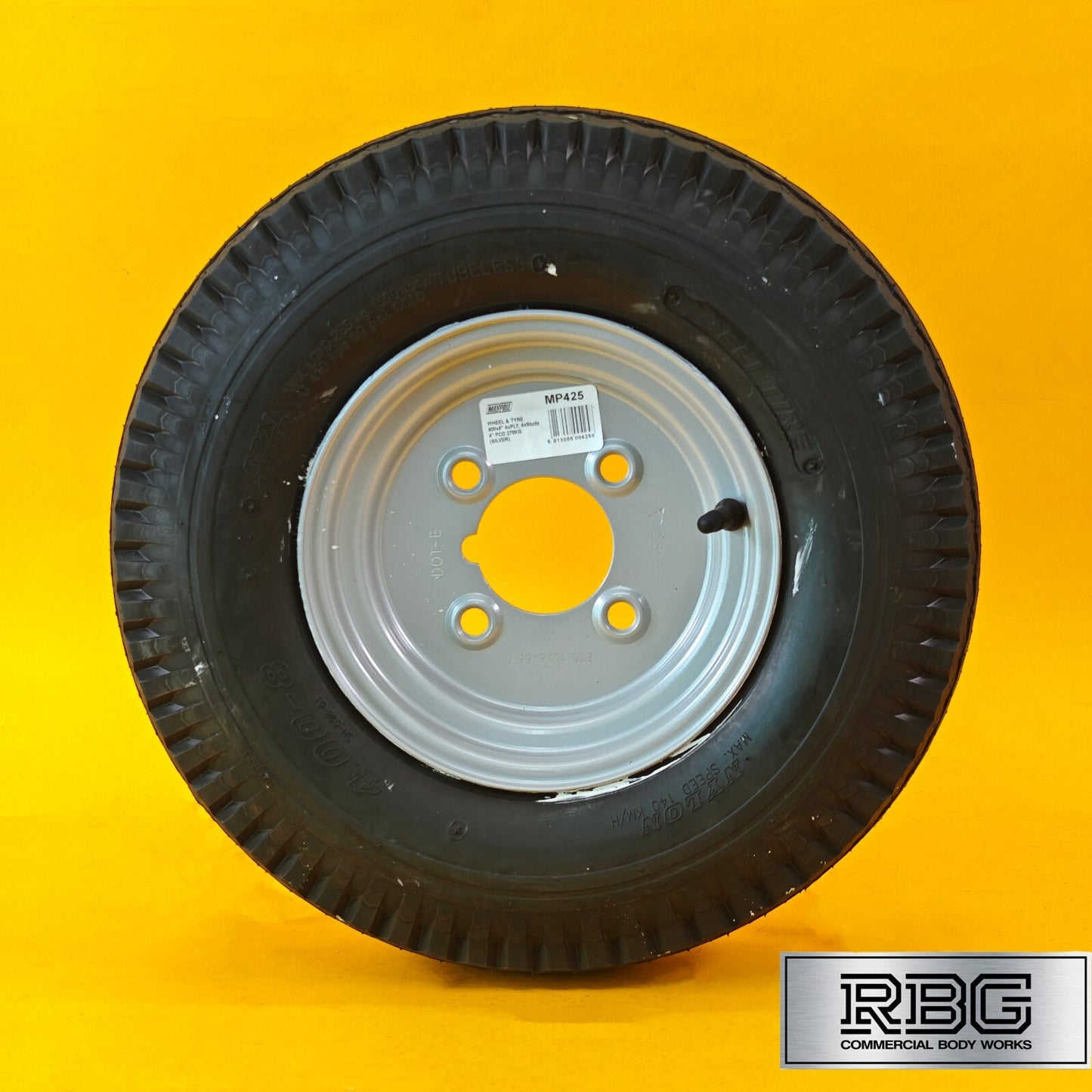 Wheel & Tyre 400x8 Inch for Trailers 4 Ply 4 Studs 4″ PCD Silver Diameter 8″ UK