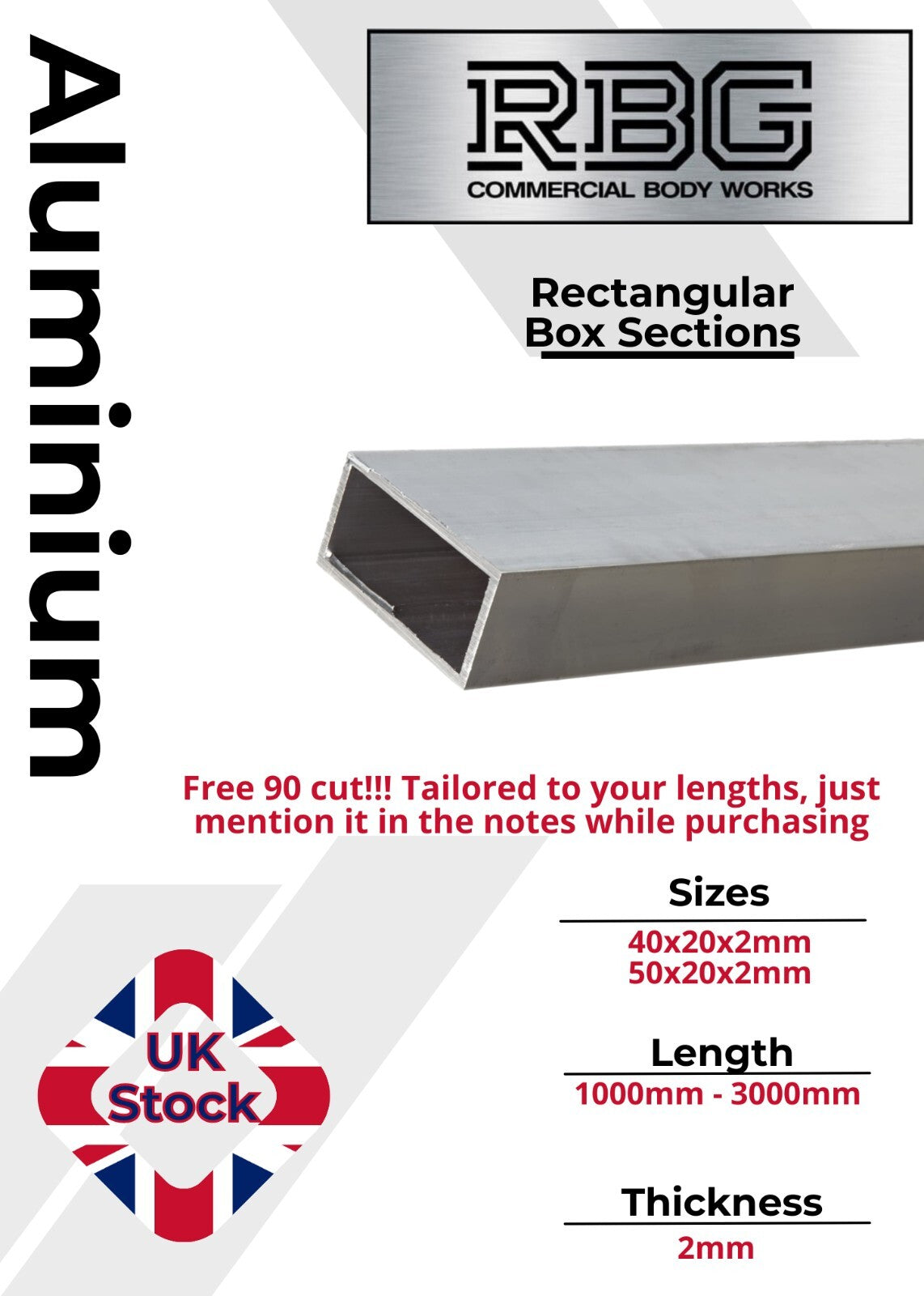 ALUMINIUM RECTANGULAR BOX SECTIONS Inch & Metric Various Sizes Free UK Delivery