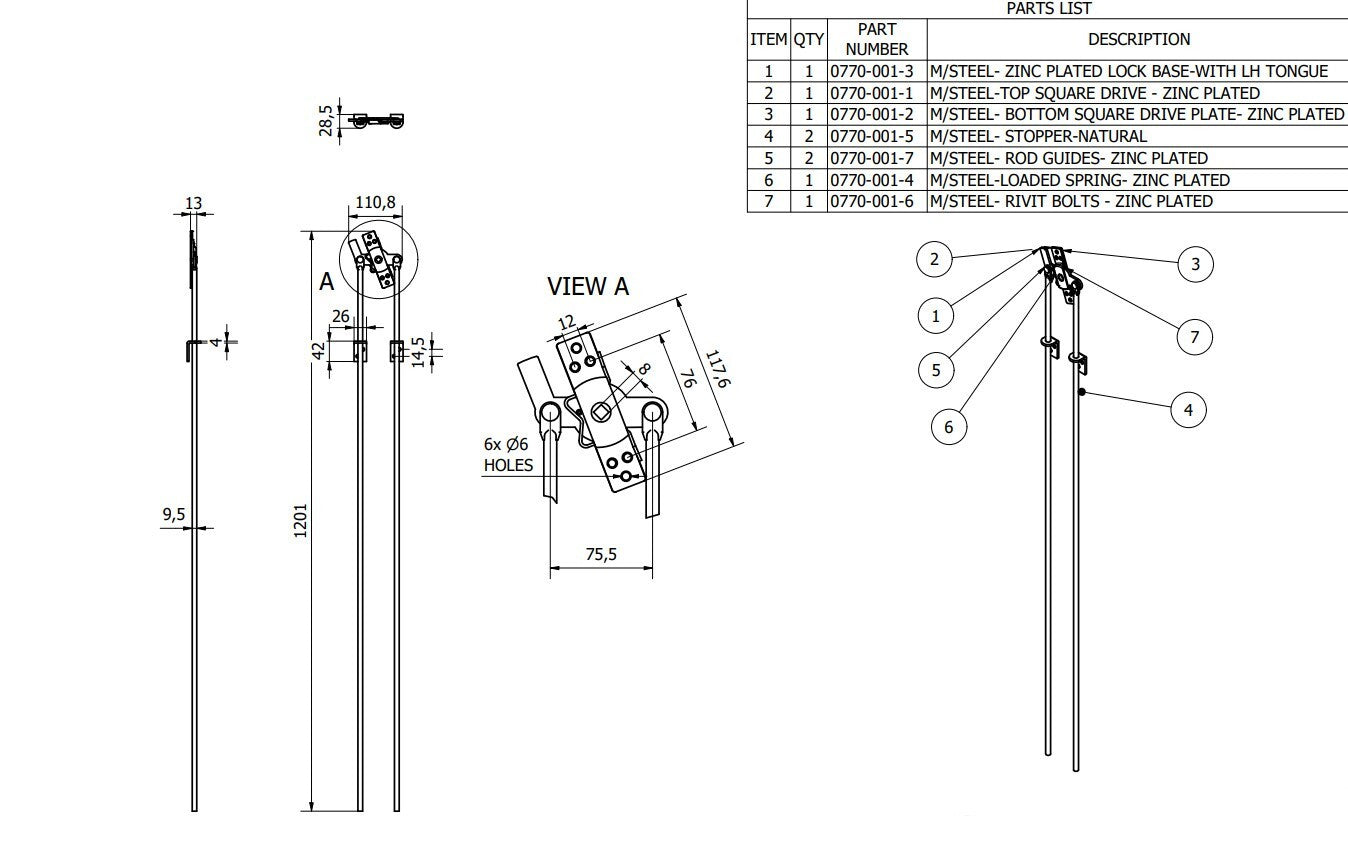 Rod Lock Bars Left Hand 2310mm 3 Point Locking For Doors Trailer Truck Steel UK