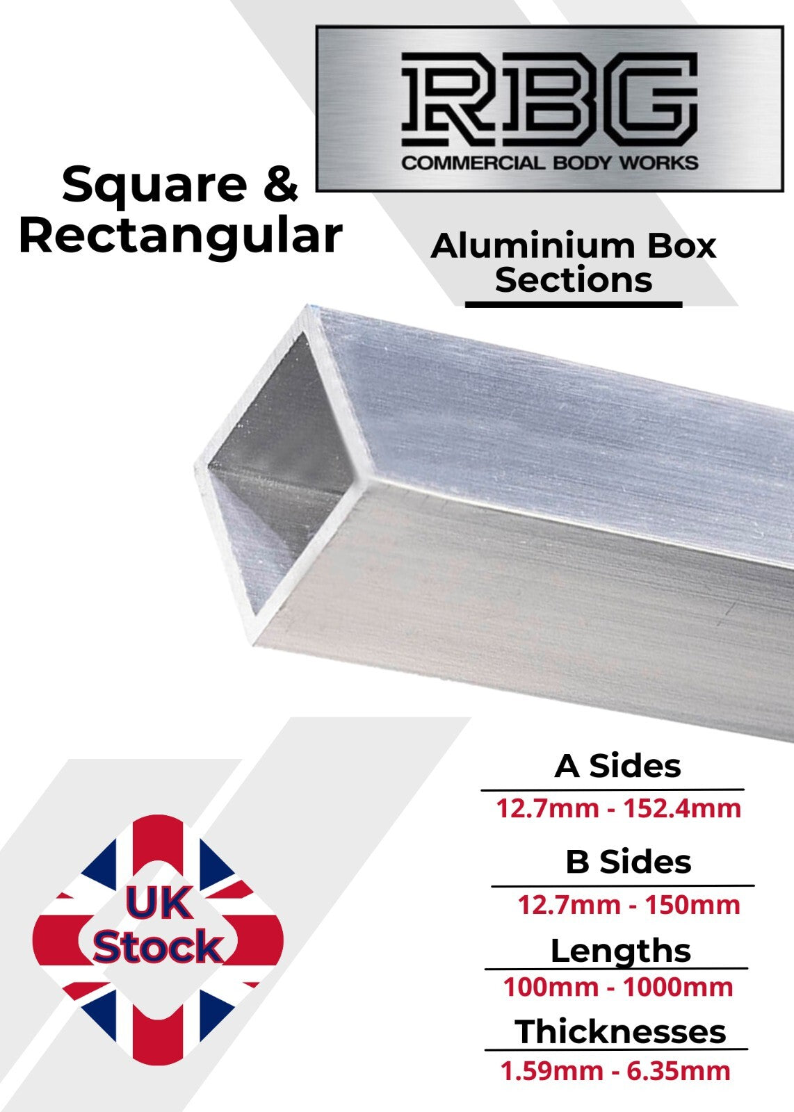 ALUMINIUM RECTANGULAR & SQUARE BOX SECTION VARIOUS SIZES In METRIC & INCH UK