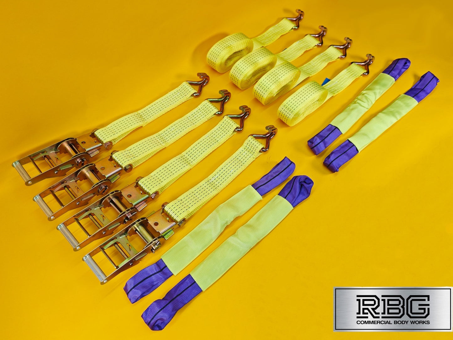 Recovery Ratchet Strap SET 4Pcs 5ton High-Visibility Yellow Tie Down Alloy Wheel