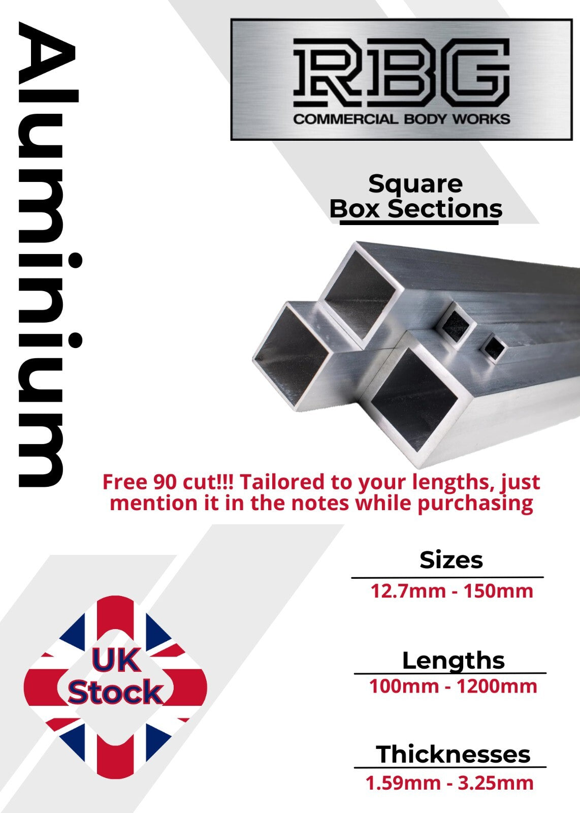 ALUMINIUM SQUARE BOX SECTION Various Sizes In Metric & Inch Free UK Delivery