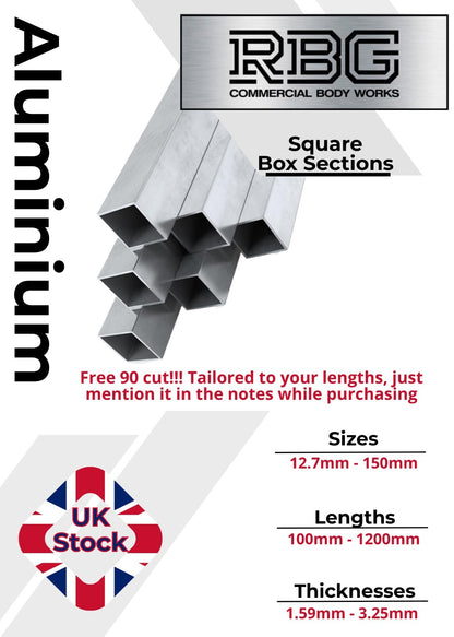 ALUMINIUM SQUARE BOX SECTION Various Sizes In Metric & Inch Free UK Delivery