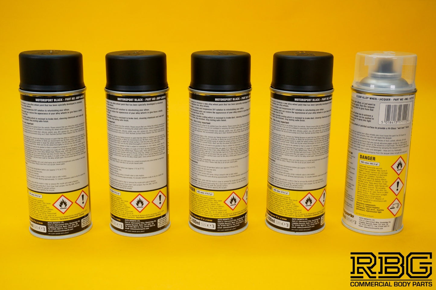 4x Alloy Wheel Paint MOTORSPORT BLACK + 1x Clear Lacquer Spray Refurbishment Kit