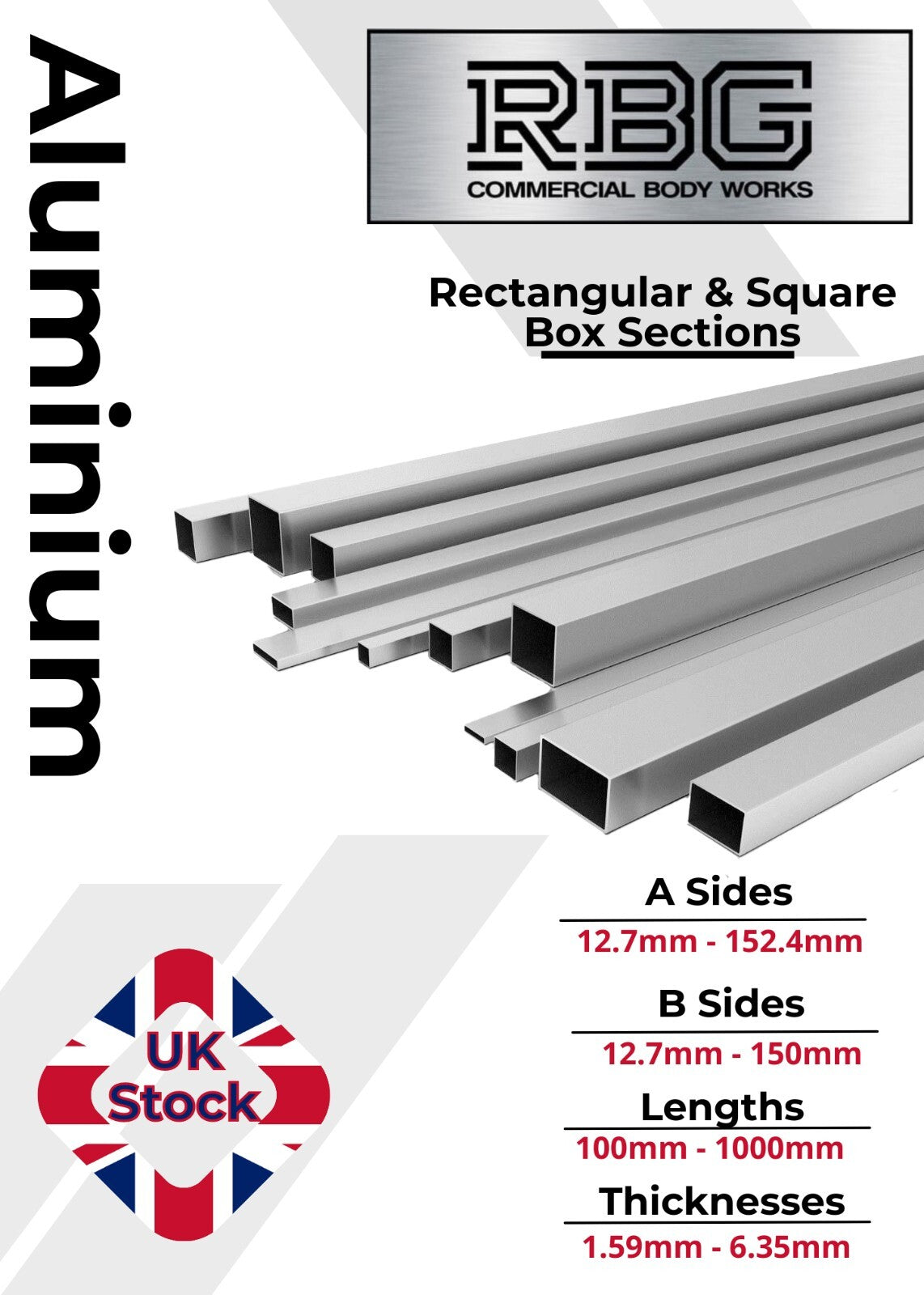 ALUMINIUM RECTANGULAR & SQUARE BOX SECTION VARIOUS SIZES In METRIC & INCH UK