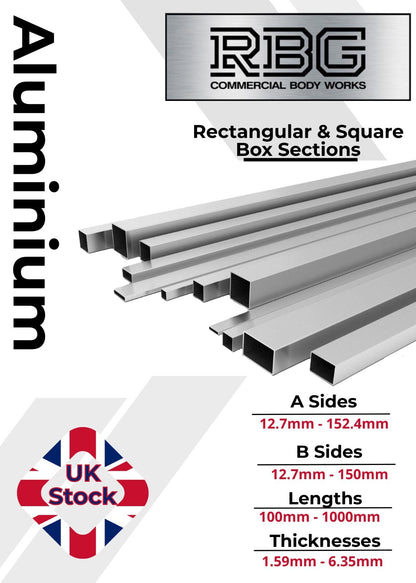 ALUMINIUM RECTANGULAR & SQUARE BOX SECTION VARIOUS SIZES In METRIC & INCH UK