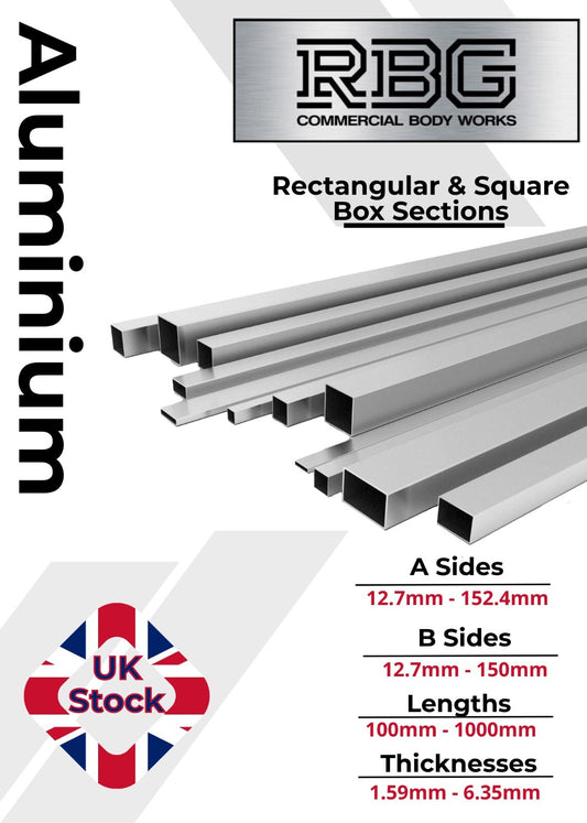 ALUMINIUM RECTANGULAR & SQUARE BOX SECTION VARIOUS SIZES In METRIC & INCH UK
