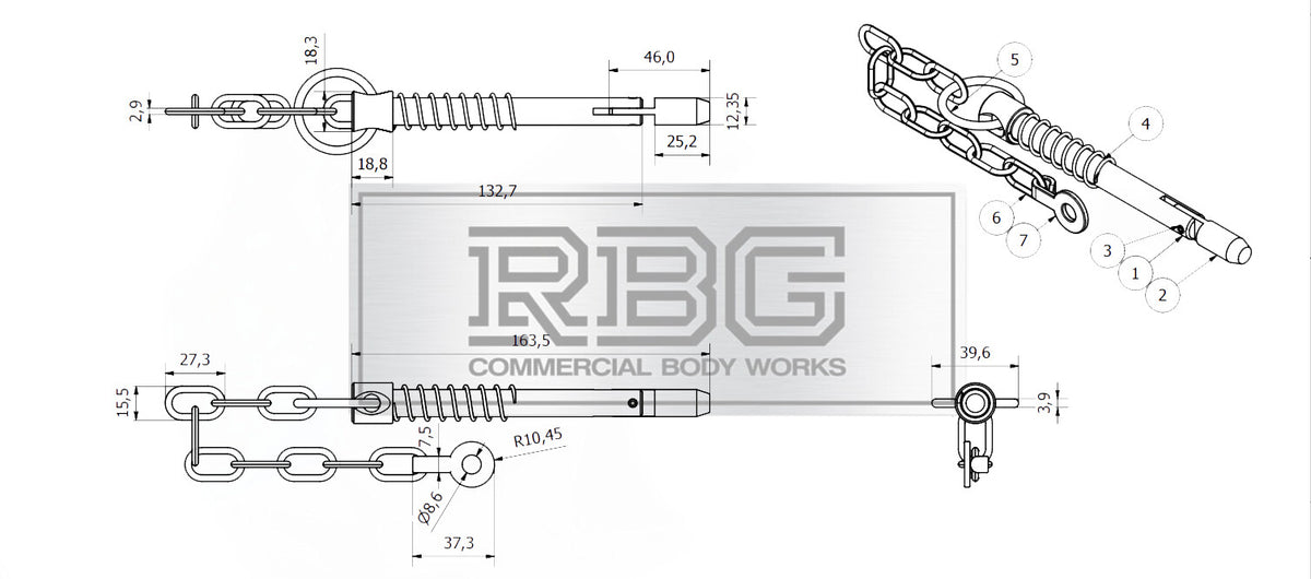 Sword Pin and Chain Spring Loaded, Retaining Cotter Pin 9.5mm; 12.5mm; 16mm.