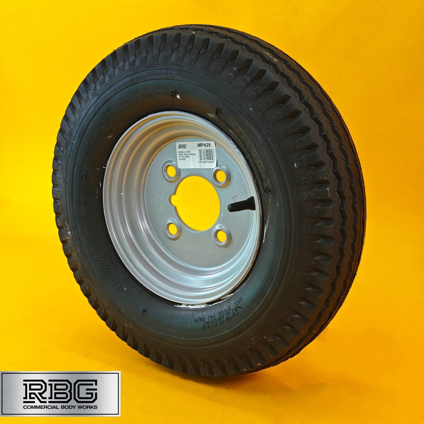 Wheel & Tyre 400x8 Inch for Trailers 4 Ply 4 Studs 4″ PCD Silver Diameter 8″ UK