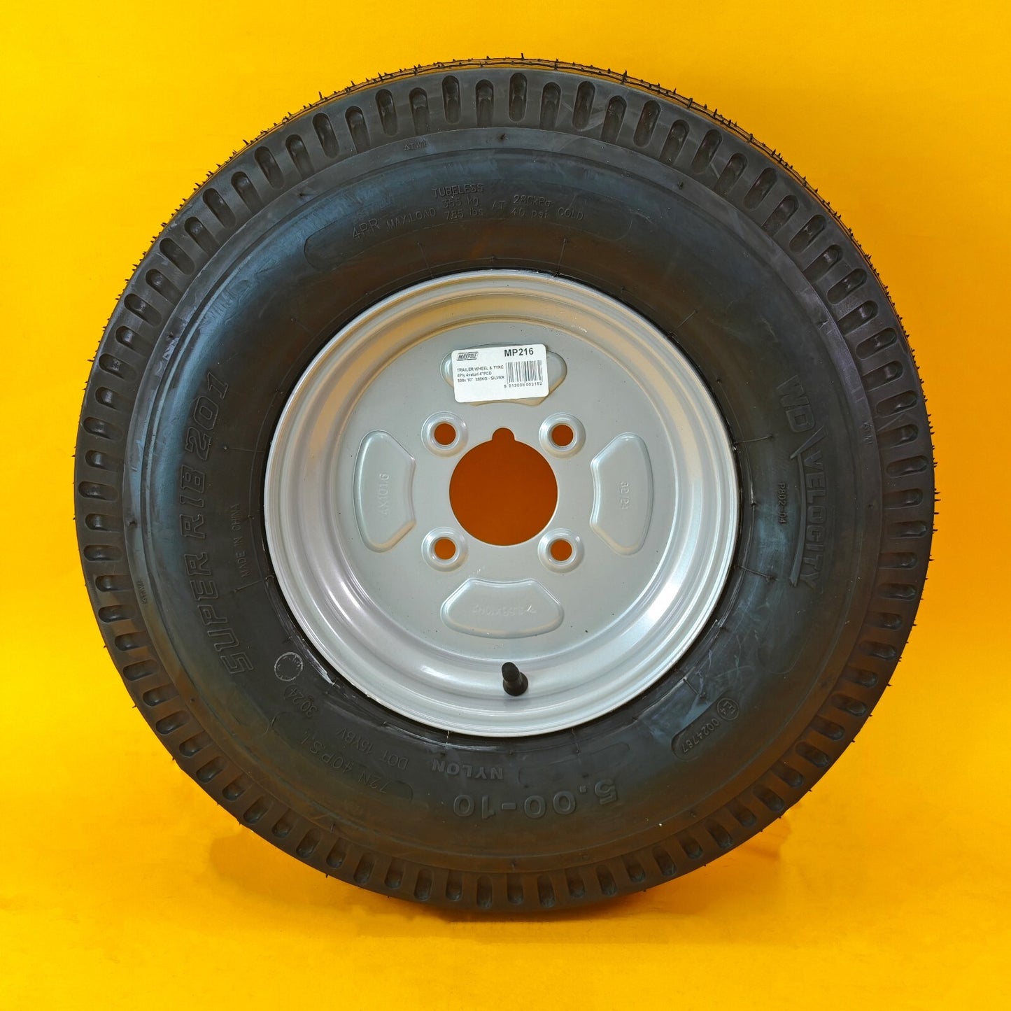 Wheel & Tyre 500x10 Inch for Trailers 4 Ply 4 Studs 4″ PCD Silver Diameter 10″