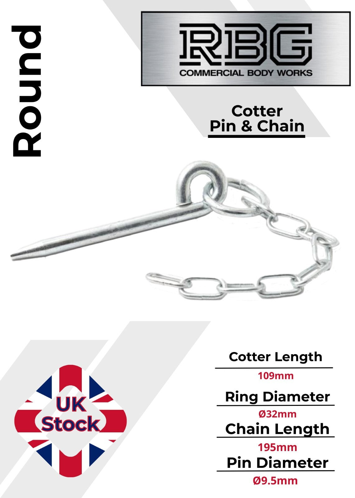 Round Cotter Pin & Chain 109 x 9.5mm Trailers Tail Gate Horseboxes Tipper...