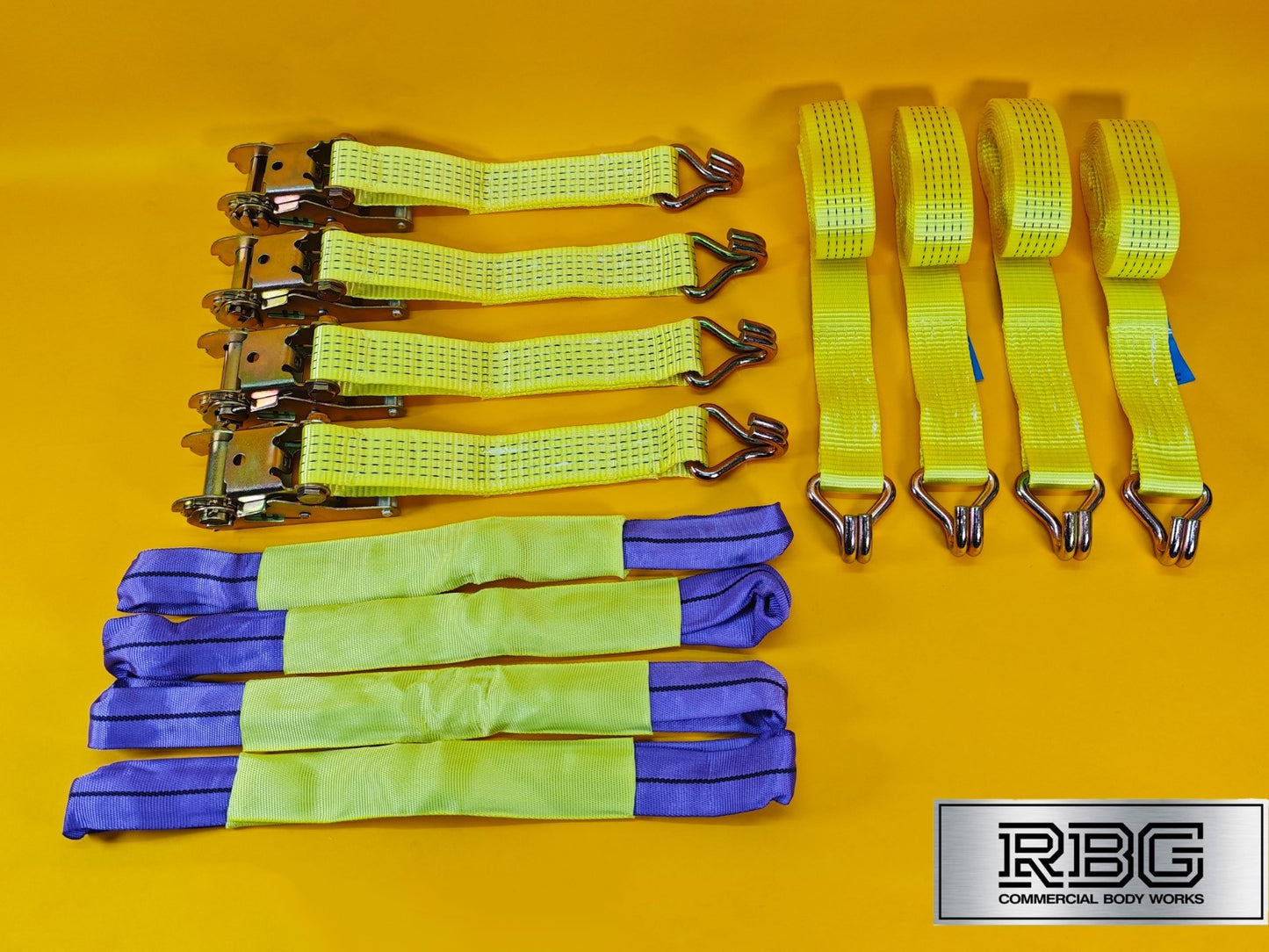Recovery Ratchet Strap SET 4Pcs 5ton High-Visibility Yellow Tie Down Alloy Wheel