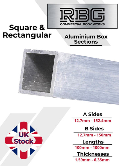 ALUMINIUM RECTANGULAR & SQUARE BOX SECTION VARIOUS SIZES In METRIC & INCH UK
