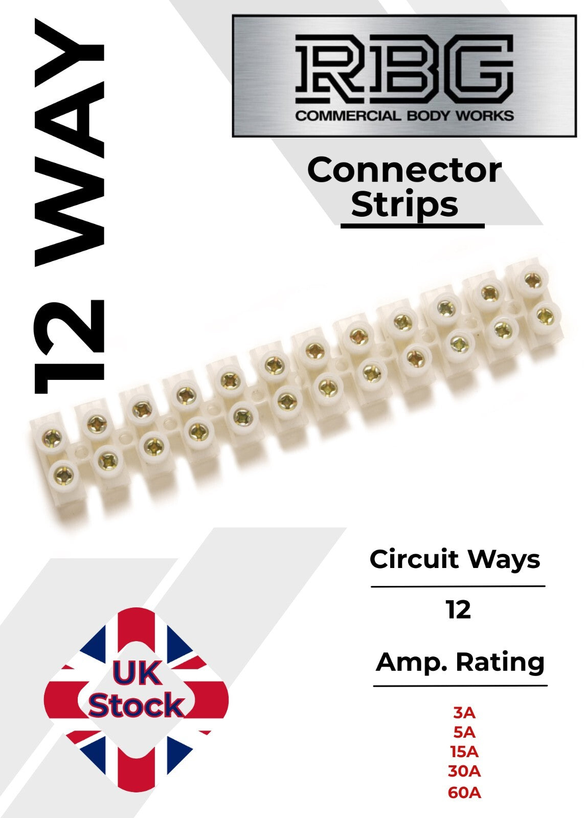 12 Way Connector Strips,  Terminal Blocks, Tidy Connection 3, 5, 15, 30, 60 Amps