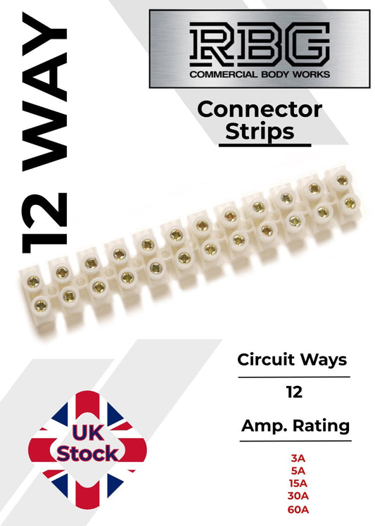 12 Way Connector Strips,  Terminal Blocks, Tidy Connection 3, 5, 15, 30, 60 Amps