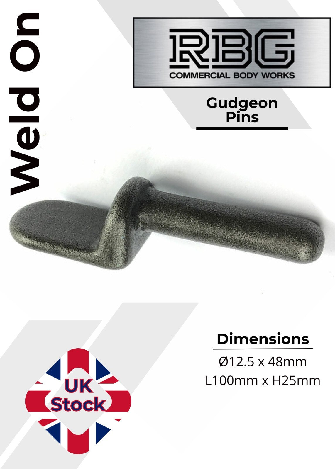2x Weld-On Gudgeon Hinge Pins, Self Colour. For Tailboards, Tipper Dropsides.