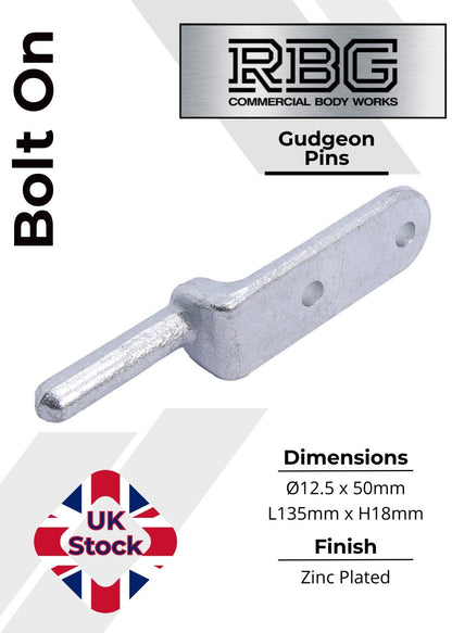 2x Bolt-On Gudgeon Hinge Pins, Zinc Plated. For Tailboards, Tipper Dropsides.