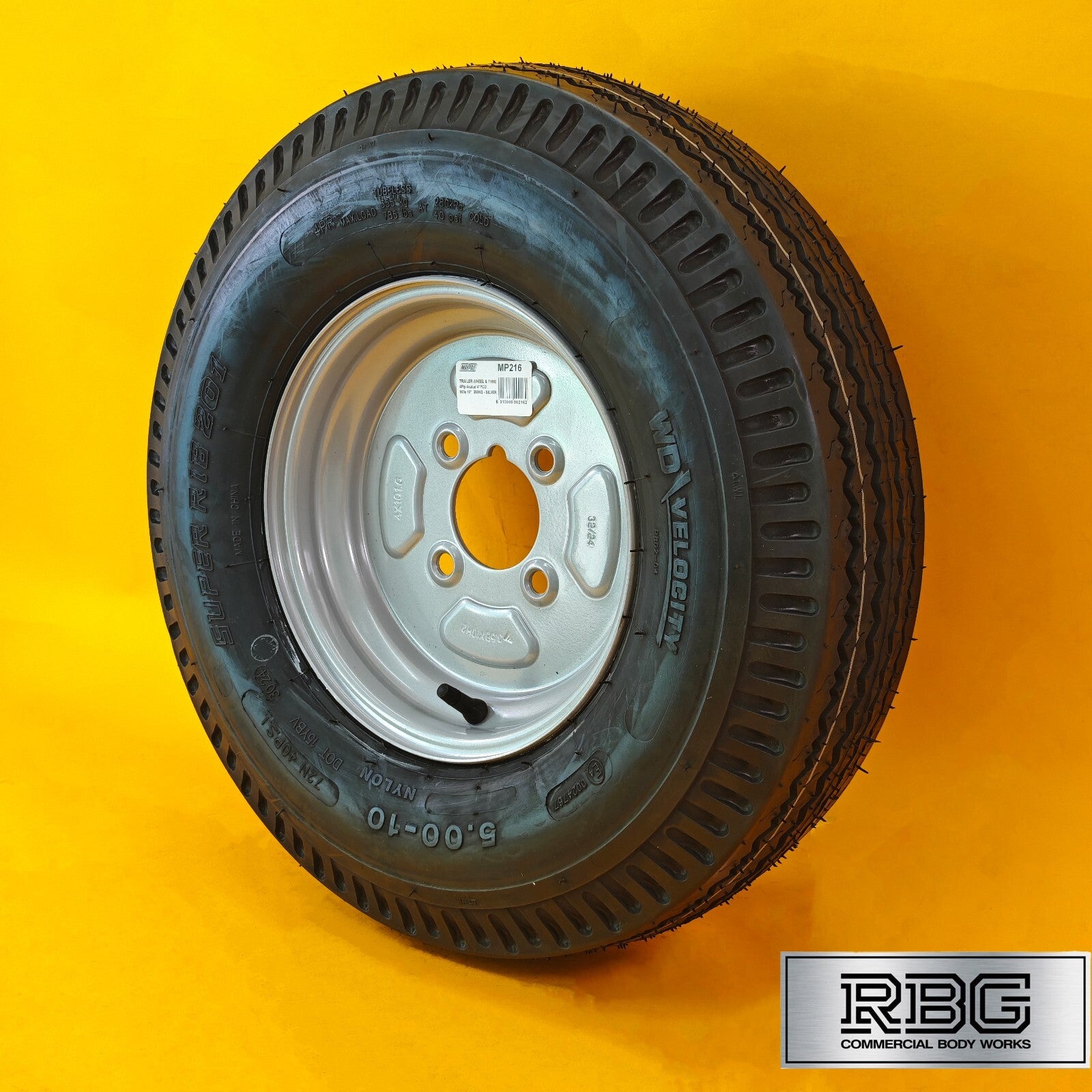 Wheel & Tyre 500x10 Inch for Trailers 4 Ply 4 Studs 4″ PCD Silver Diameter 10″