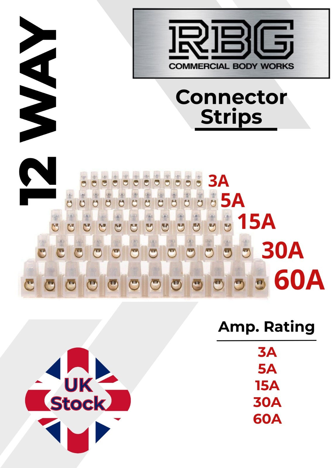 12 Way Connector Strips,  Terminal Blocks, Tidy Connection 3, 5, 15, 30, 60 Amps