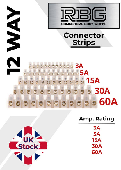 12 Way Connector Strips,  Terminal Blocks, Tidy Connection 3, 5, 15, 30, 60 Amps