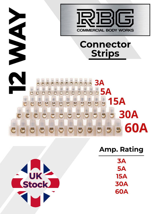 12 Way Connector Strips,  Terminal Blocks, Tidy Connection 3, 5, 15, 30, 60 Amps