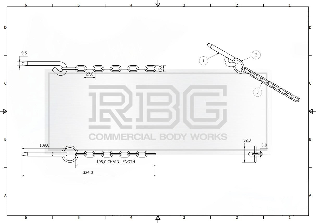 1x Tailboard Forket, Lug, 109mm Pin & Chain - Truck Dropside Tipper Trailer