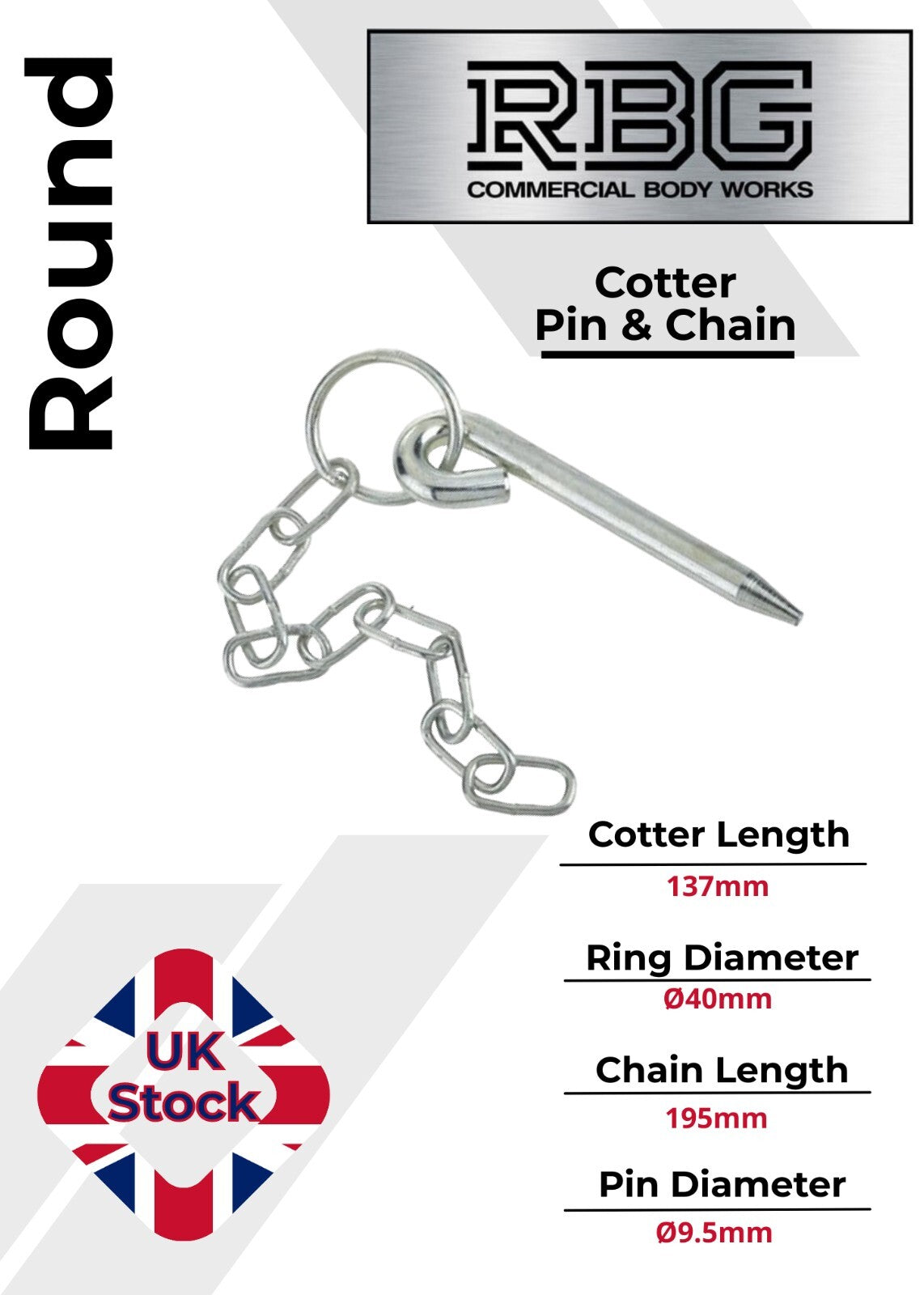 Round Cotter Pin & Chain 137 x 9.5mm Trailers Tail Gate Horseboxes Tipper...
