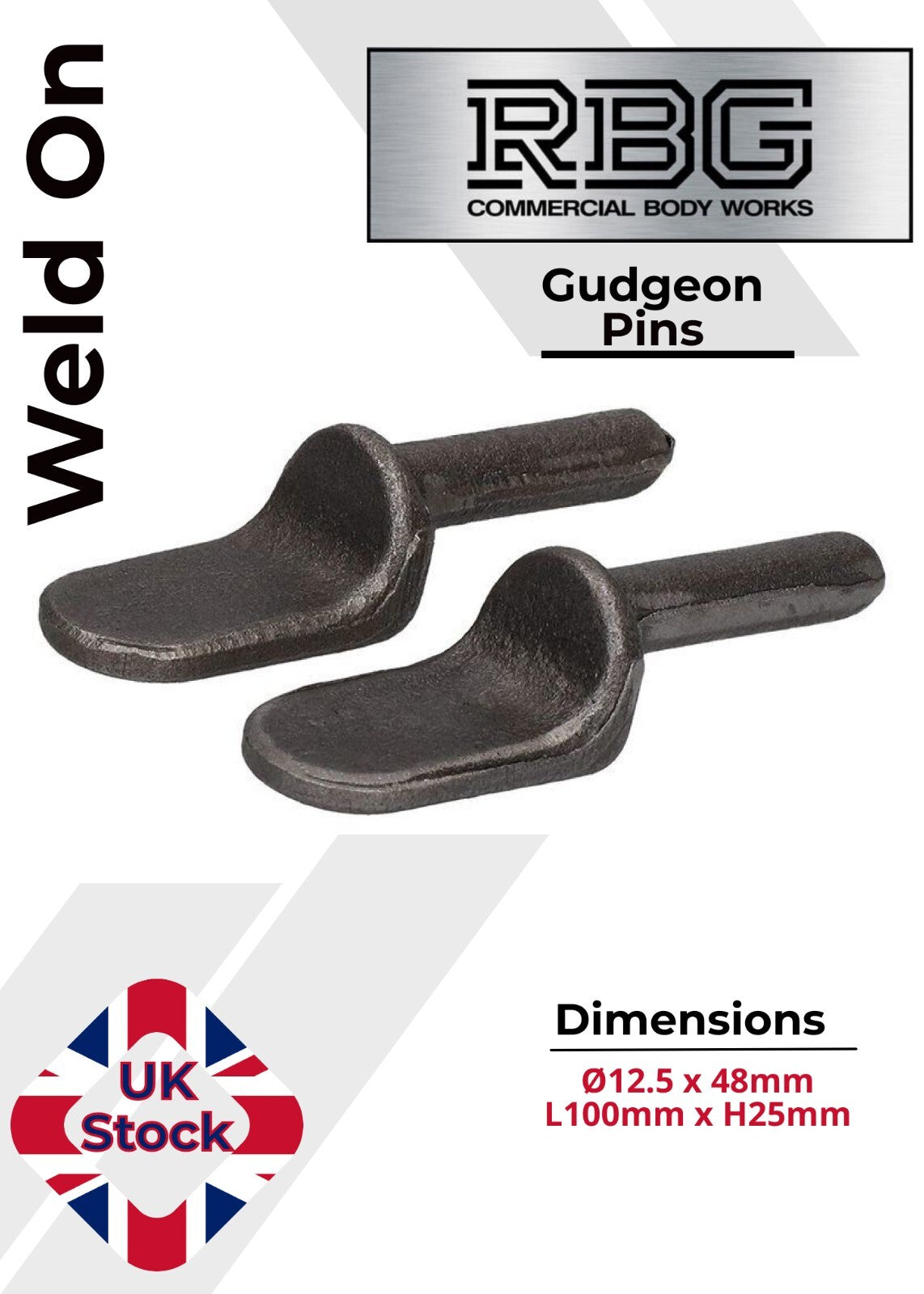 2x Weld-On Gudgeon Hinge Pins, Self Colour. For Tailboards, Tipper Dropsides.