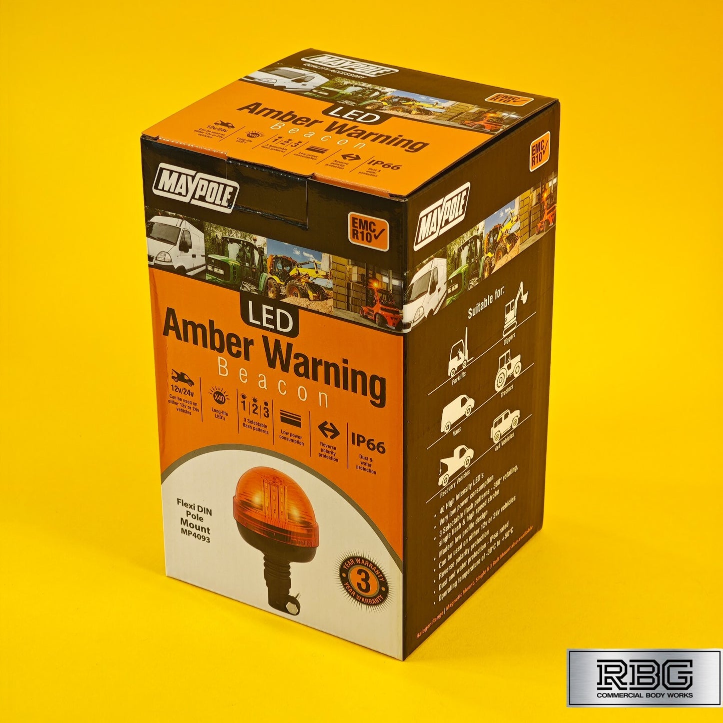Warning Beacon Light Amber Flexi Din 40 LED Flashing Pole Mount Rotating 12/24V