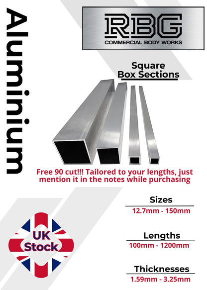 ALUMINIUM SQUARE BOX SECTION Various Sizes In Metric & Inch Free UK Delivery