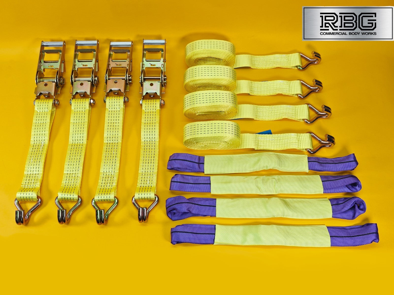 Recovery Ratchet Strap SET 4Pcs 5ton High-Visibility Yellow Tie Down Alloy Wheel