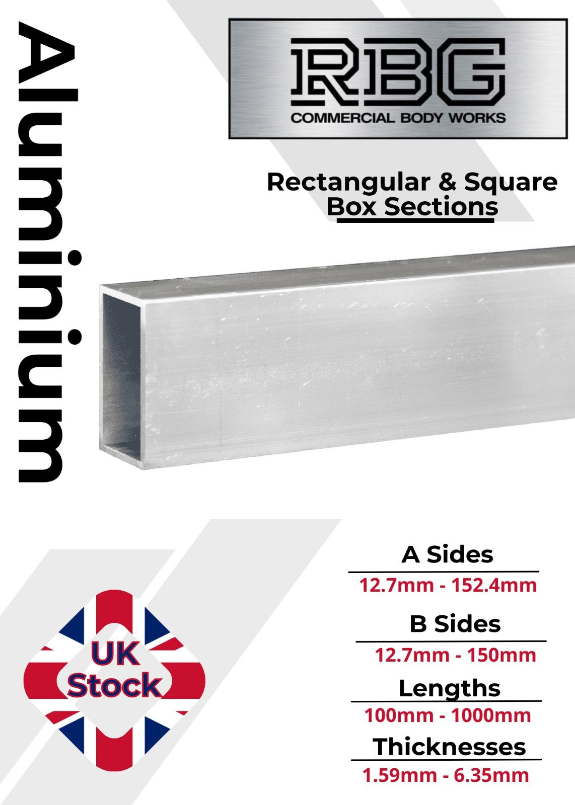 ALUMINIUM RECTANGULAR & SQUARE BOX SECTION VARIOUS SIZES In METRIC & INCH UK
