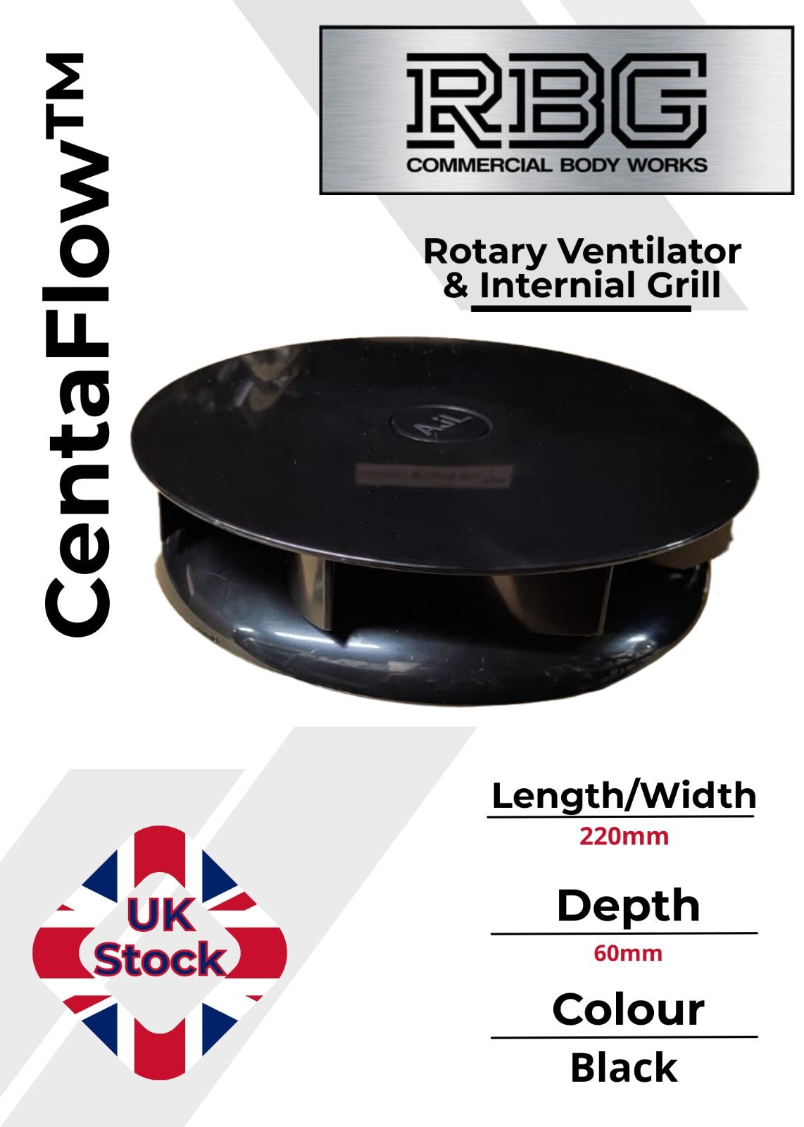 Centaflow™ Wind Driven Vent Black Horsebox Small Low Profile Rotary Van Roof Air
