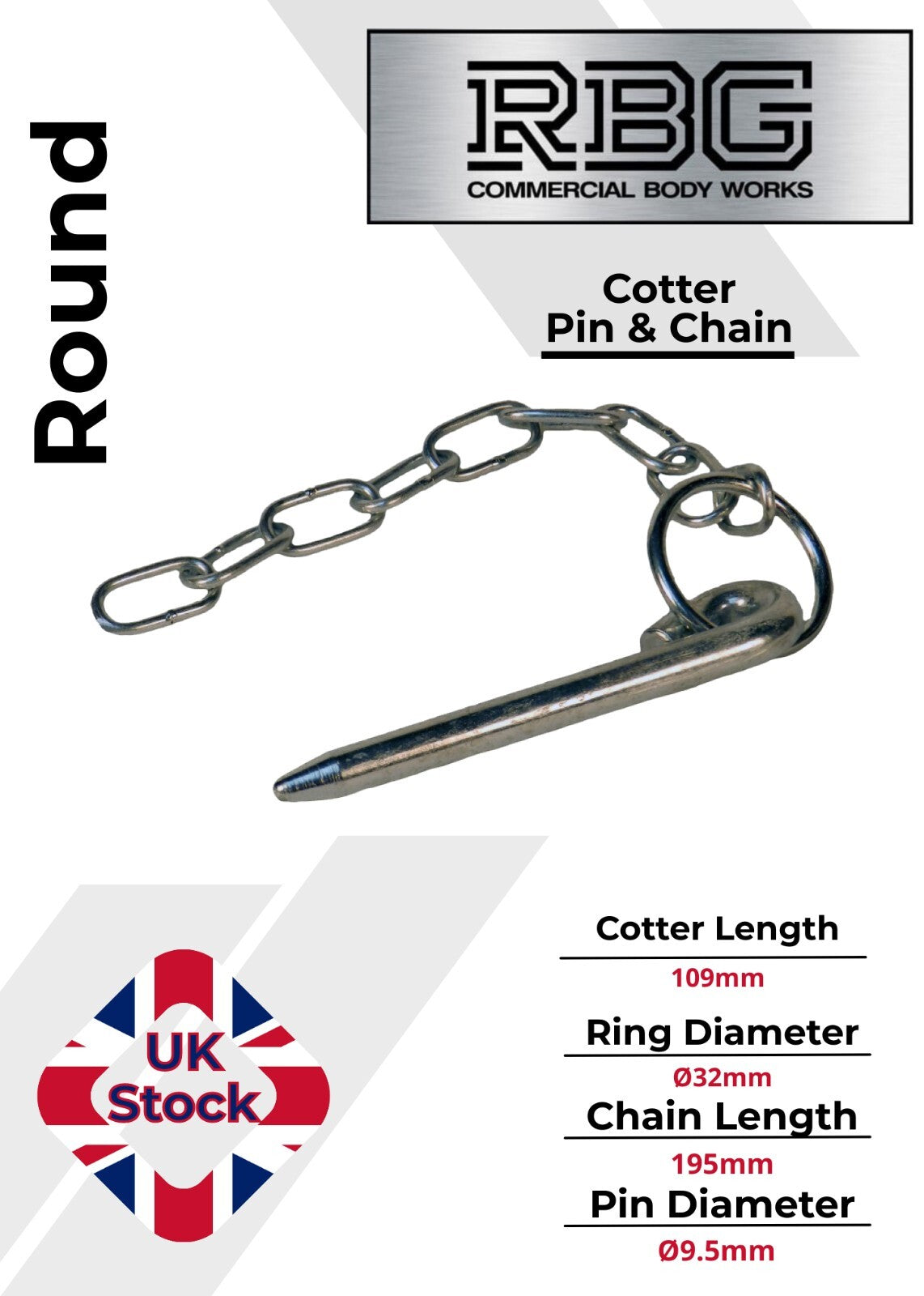 Round Cotter Pin & Chain 109 x 9.5mm Trailers Tail Gate Horseboxes Tipper...