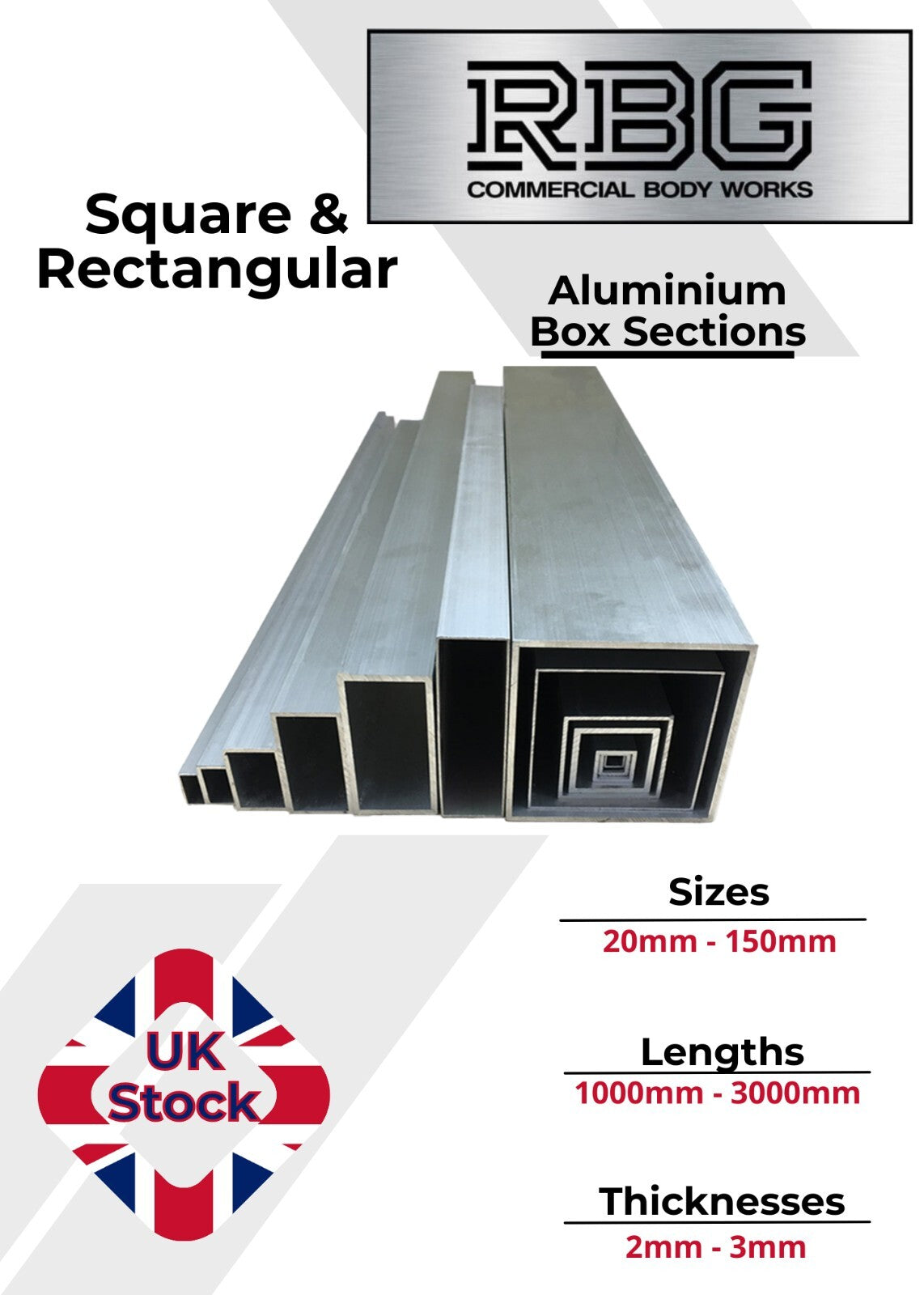 ALUMINIUM RECTANGULAR & SQUARE BOX SECTION Various Sizes Metric Free UK Delivery