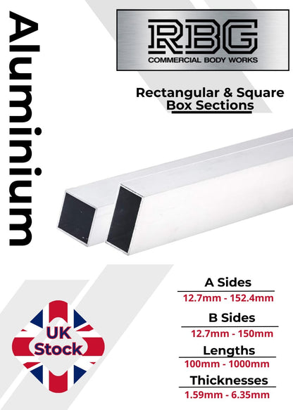 ALUMINIUM RECTANGULAR & SQUARE BOX SECTION VARIOUS SIZES In METRIC & INCH UK
