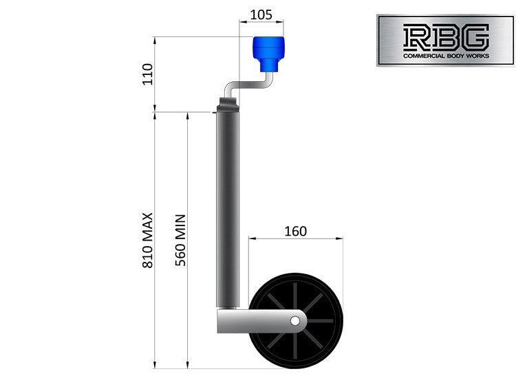 34mm Jockey Wheel For Trailer / Caravan 75Kg Standard Duty 560mm-810mm Extension