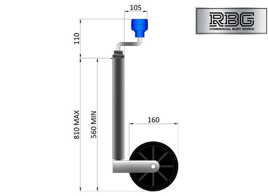 34mm Jockey Wheel For Trailer / Caravan 75Kg Standard Duty 560mm-810mm Extension