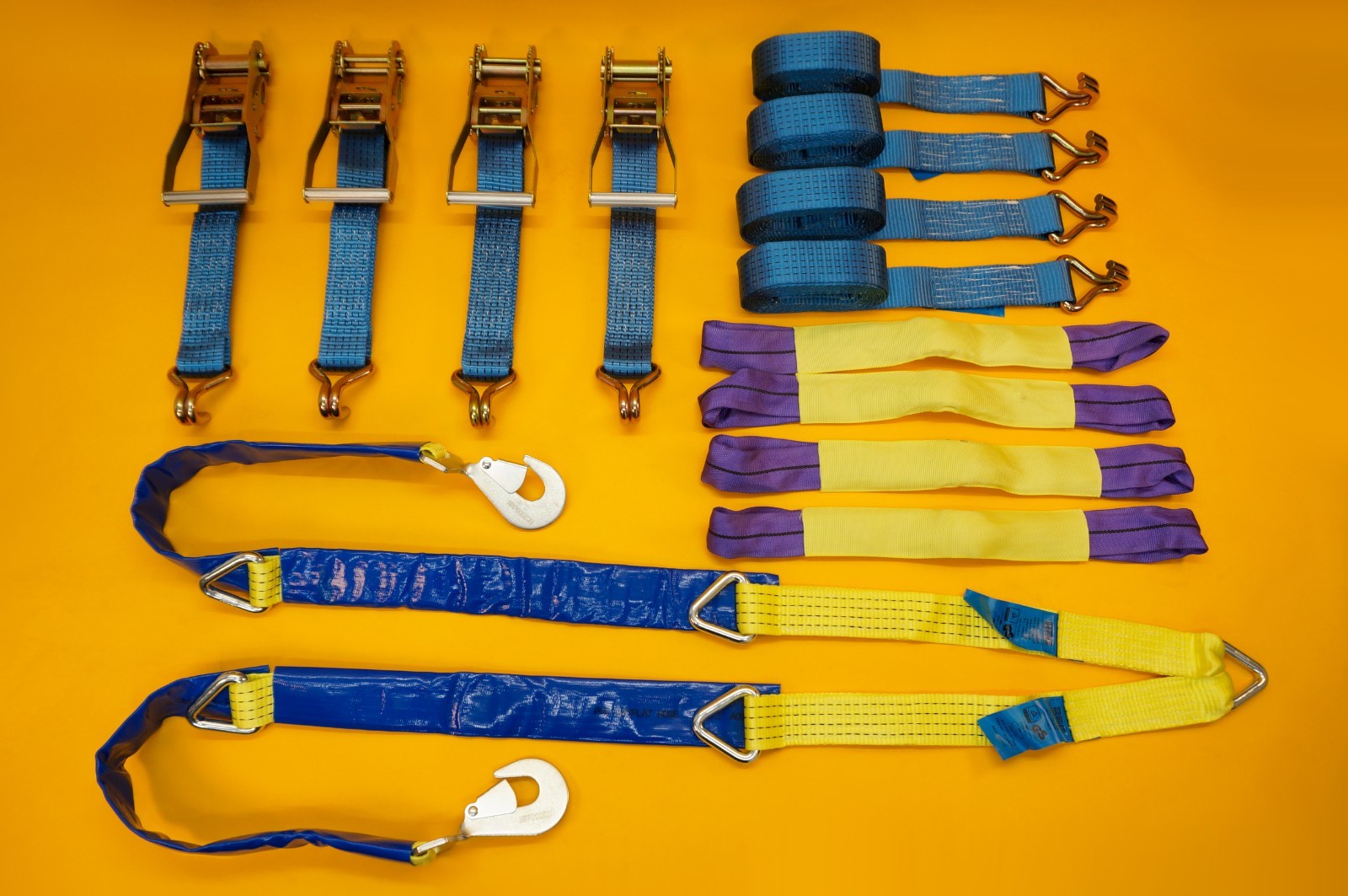 Winching Assistance Strap 1.5m x 50mm + 4x Recovery Ratchet Strap 4m x 50mm 5Ton