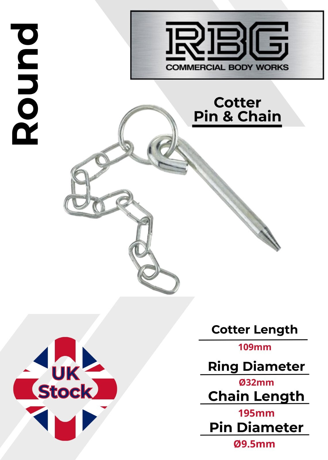 Round Cotter Pin & Chain 109 x 9.5mm Trailers Tail Gate Horseboxes Tipper...